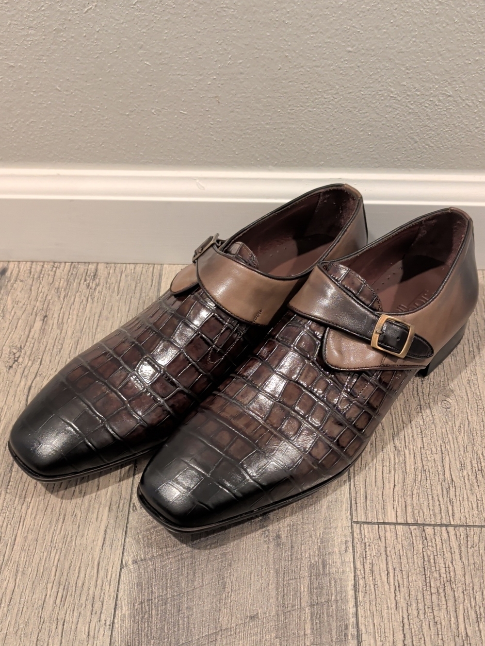 Sigotto Uomo Croc Monk Strap Dress Shoes Brown 44 (US 11) NEW